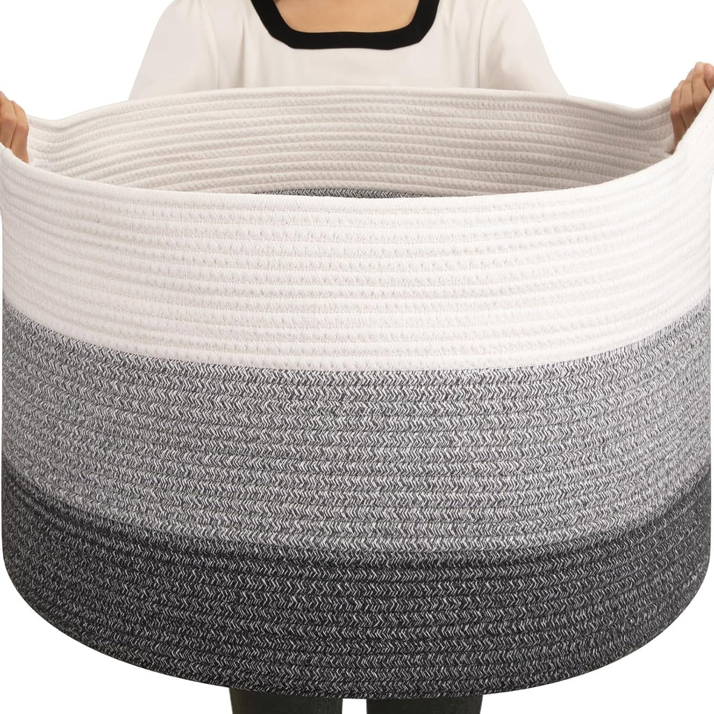 OIAHOMY 105L Extra Large Blanket Basket - Decorative Cotton Rope Storage Basket for Bedroom, Living Room & Nursery - Woven Laundry Hamper for Organizing Blankets, Clothes & Toys - Gradient Grey