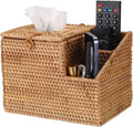 Sumnacon Tissue Box Square Tissue Box Cover with Storage Rattan Tissue Box Holder with 2 Side Organizer,Wicker Tissue Cover Cube Tissue Holder for Bathroom Living Room Table Desk Office