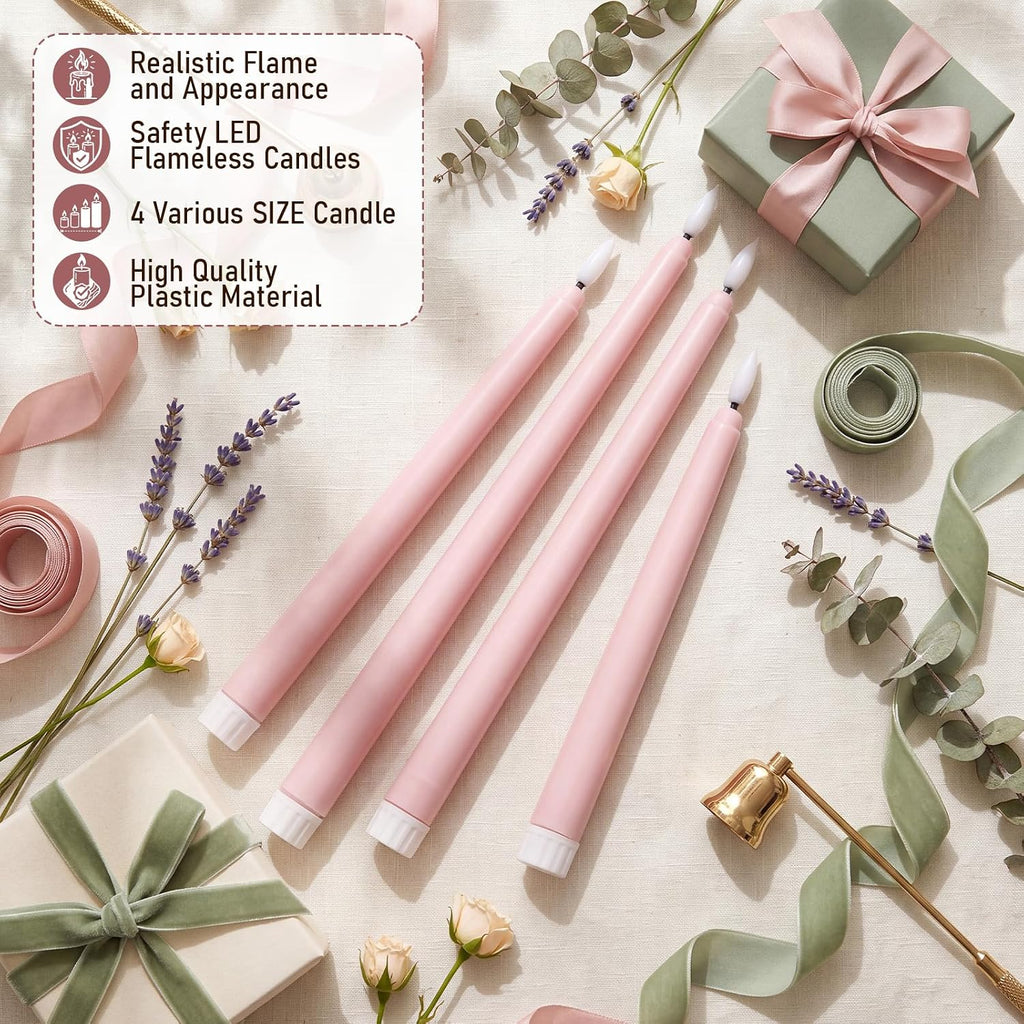 24 Pcs LED Taper Candle, Classic, 8.5",9.65",10.8",12.8", Pale Pink