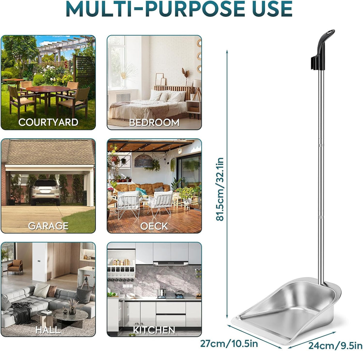 Dust Pans with Long Handle - 35”Heavy Duty Metal Upright Stand Up Dustpan
