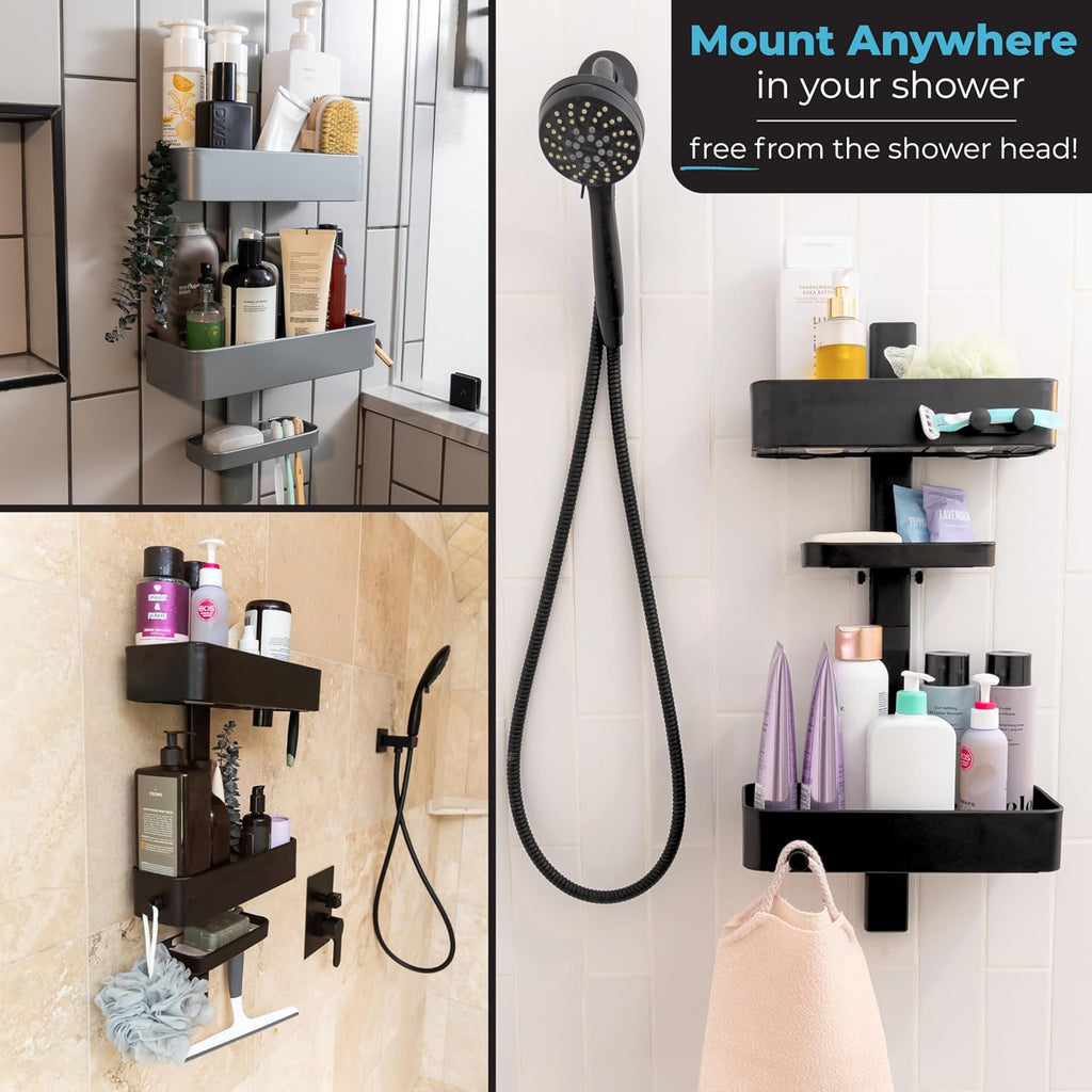 ShowerSMART Shower Caddy, Adjustable Shelves, Magnetic Hooks, Graphite