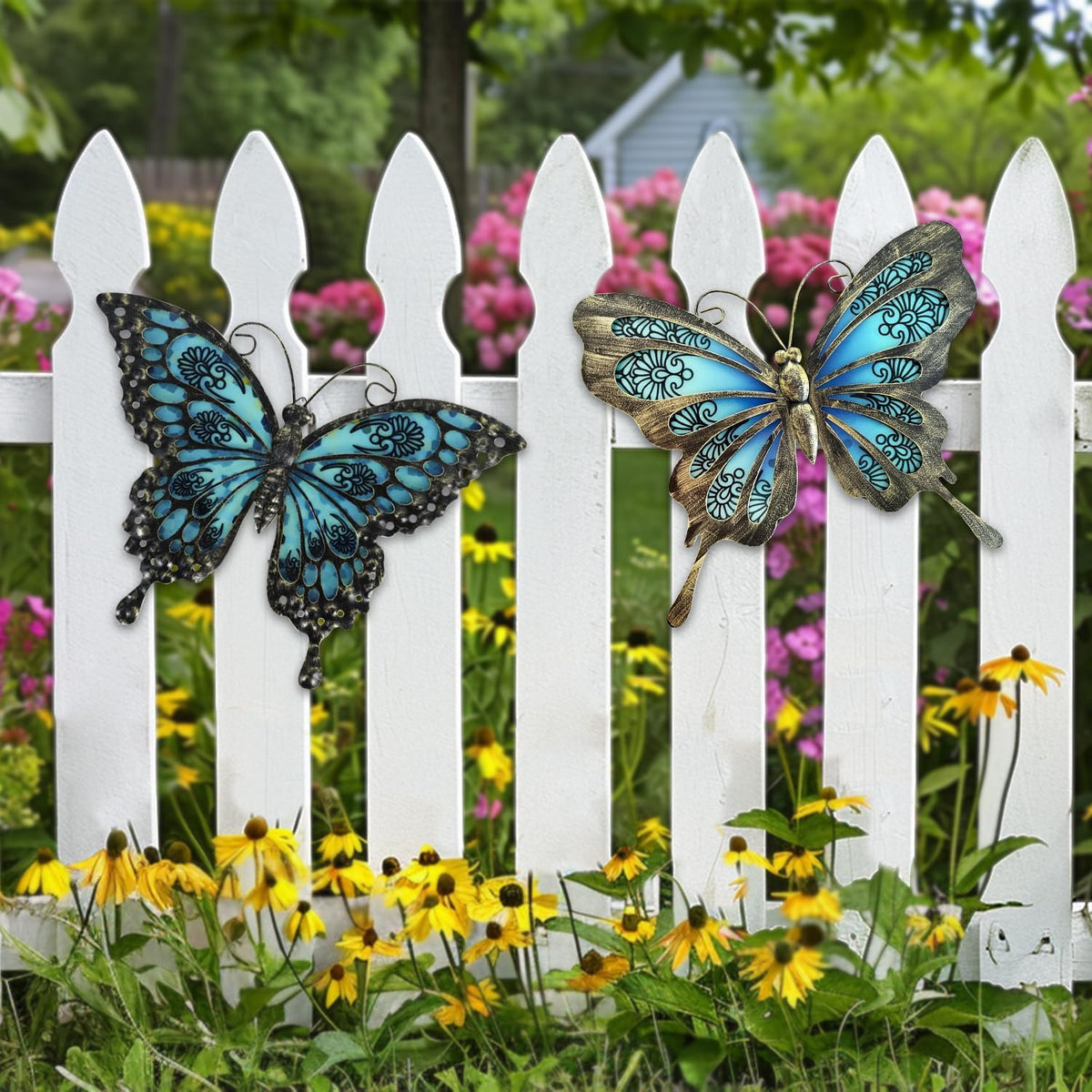 LIFFY Metal Butterfly Wall Decor,2Pack 12" Hanging Glass Butterfly Outdoor Decor,Garden Decorative Ornaments Outside for Home,Yard,Fence,Patio