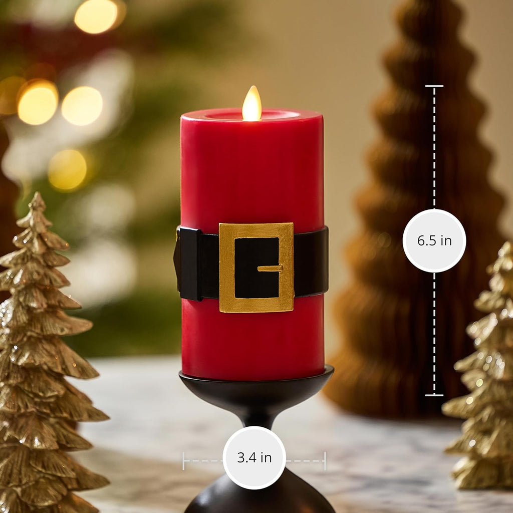 Luminara Flickering Flameless LED Candle, Battery Operated, Timer Function, Remote Ready (Sold Separately), Red Santa Belt 3.4" x 6.5" Pillar, Unscented Real Wax Moving Flame, Christmas Holiday Decor