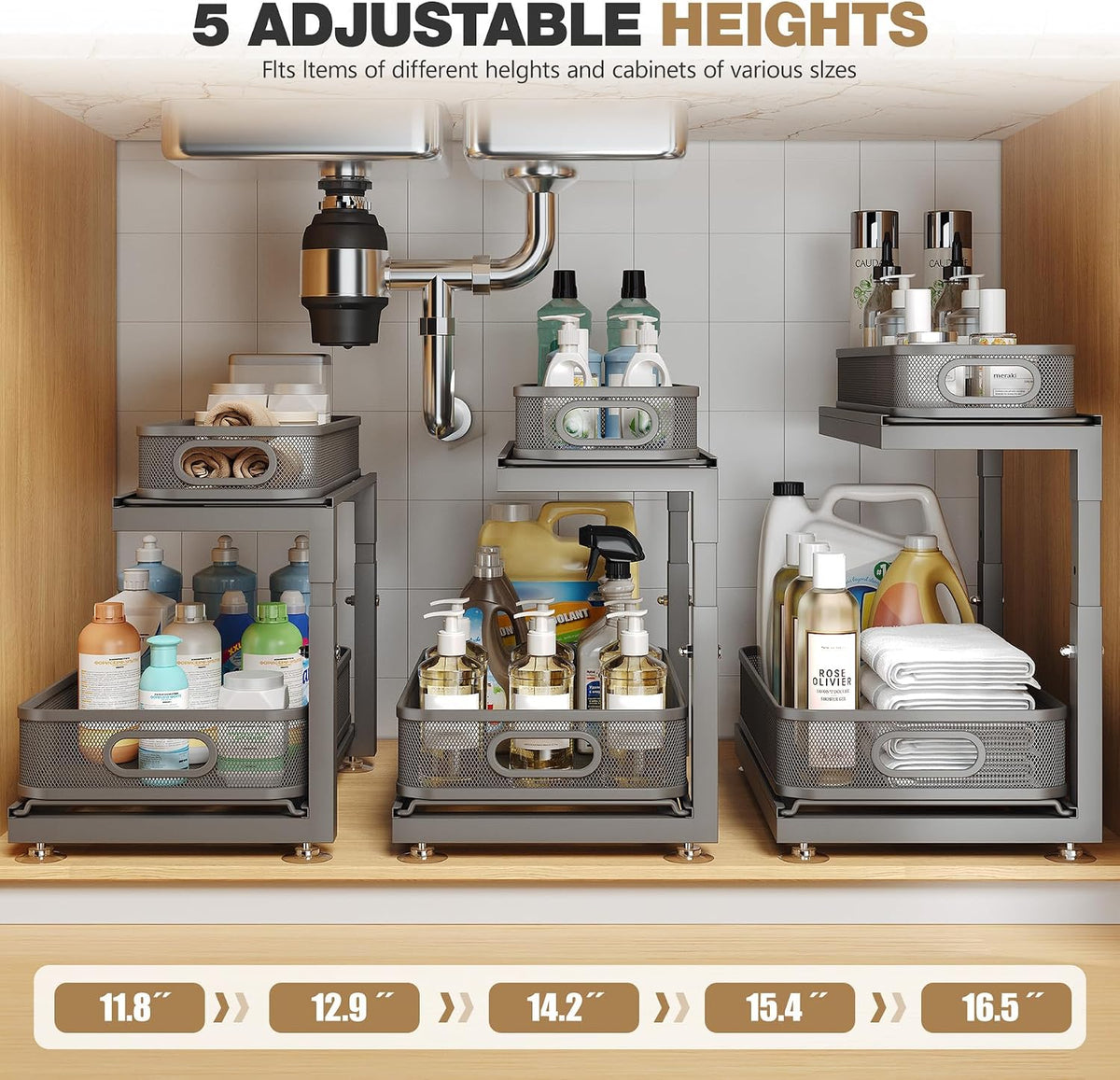 2-Pack Under Sink Storage Organizer with 2-Tier Slide Out Drawer, Sophisticated Mesh Pull Out Shelf for Kitchen & Bathroom, Fits Small Items, Upgraded Arched Track for Smooth Gliding-Gun Gray