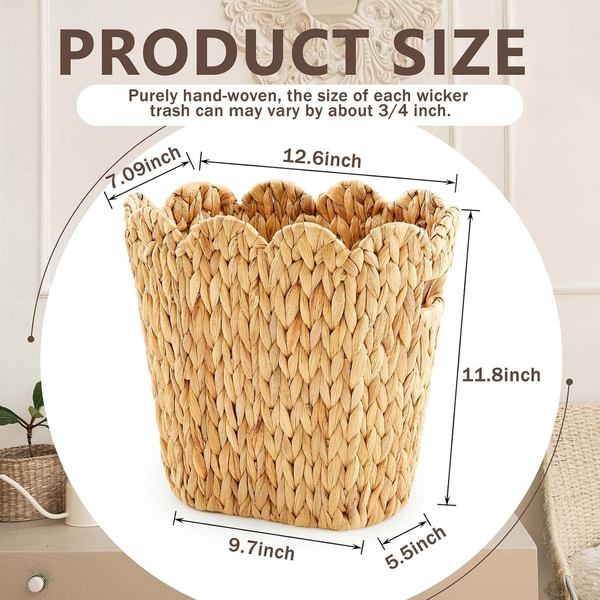 Ziliny 2 Pcs 3.6 Gallon Wicker Trash Can, Nature Scalloped Waste Basket