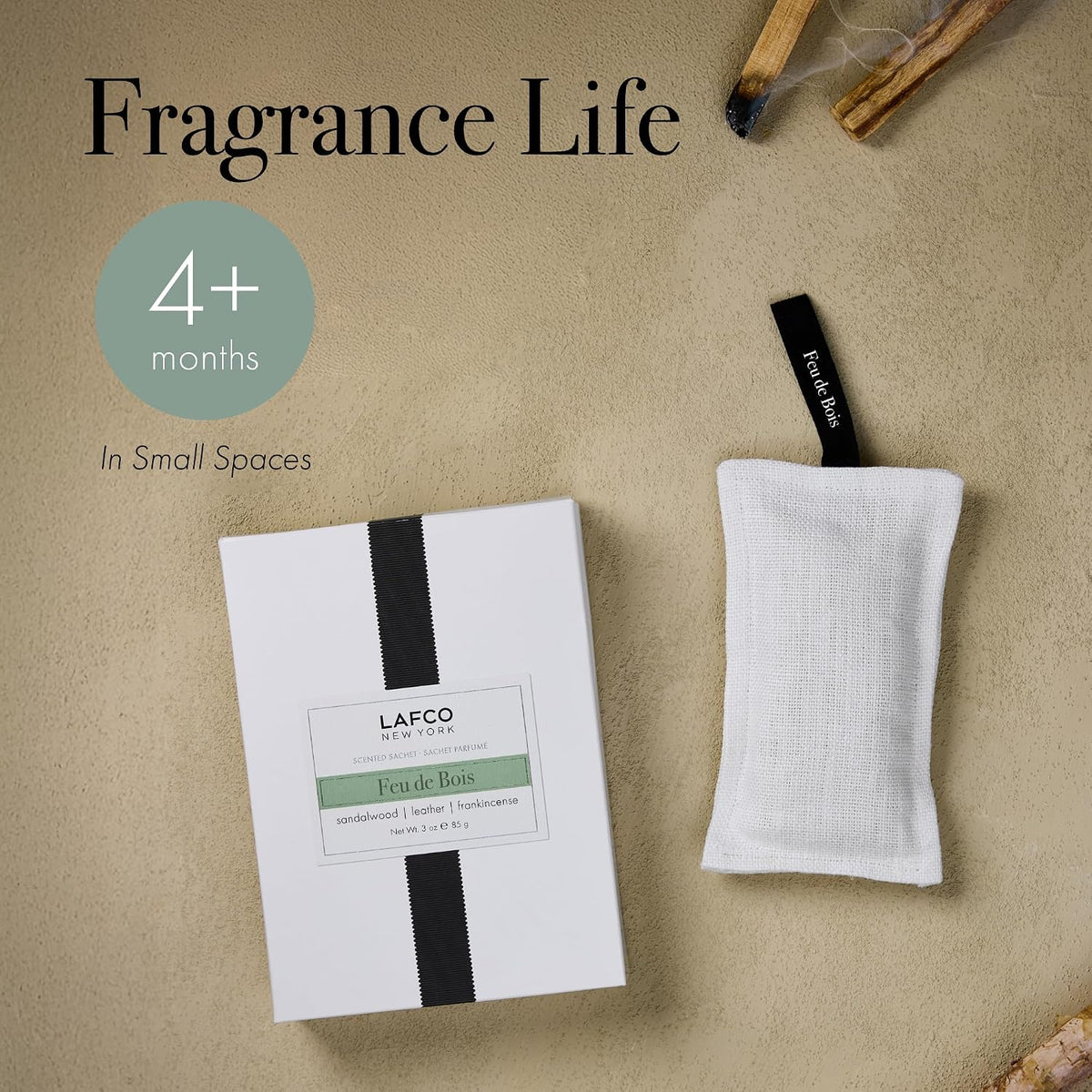 LAFCO New York Scented Linen Sachet, Feu de Bois - Up to 4-Month Fragrance Life - Made in the USA
