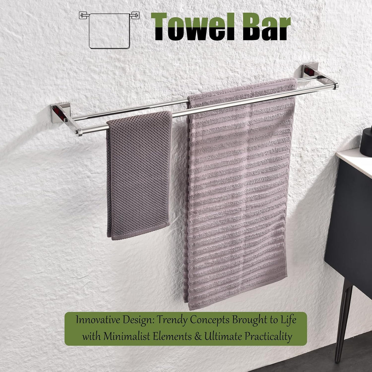Miyili 30-Inch Double Bath Towel Bar with Square Base Polished