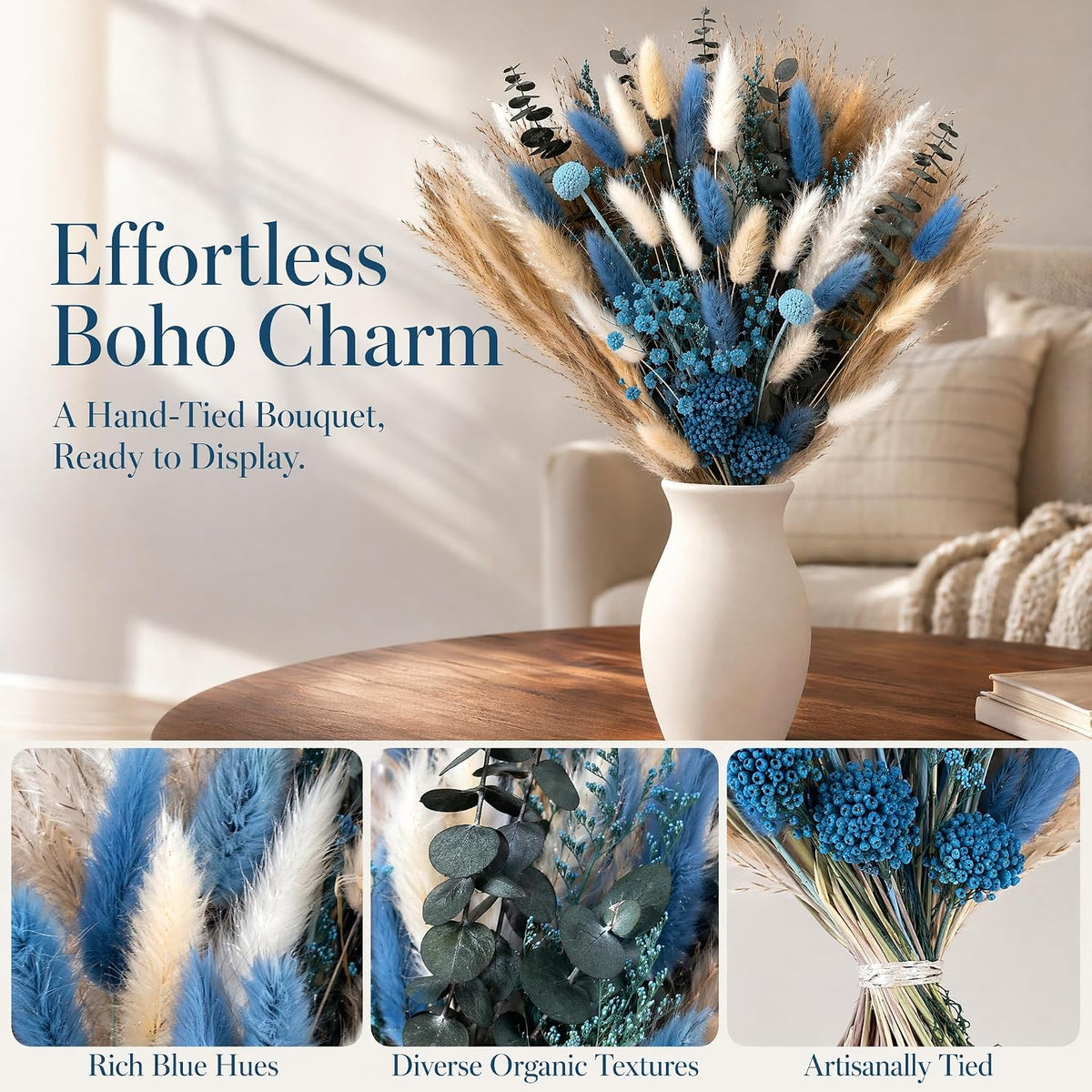 Umero Blue Pampas Grass Bouquet - 17in Dried Flower for Vase Boho Decor