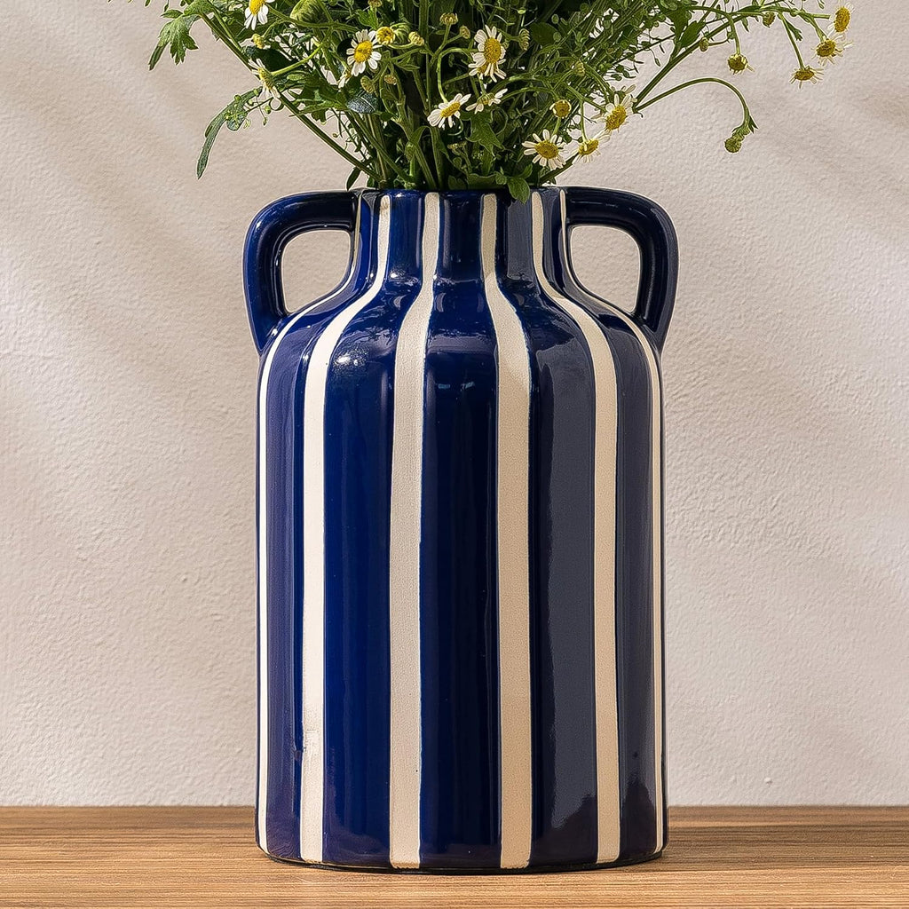 SURE YUESI Blue Ceramic Vase with Handles, Modern Farmhouse Striped Decorative Vase, 9.1" Art Deco Tall Flower Vases for Pampas Grass, Shelf Decor, Dining Table Centerpiece, Living Room Home Decor