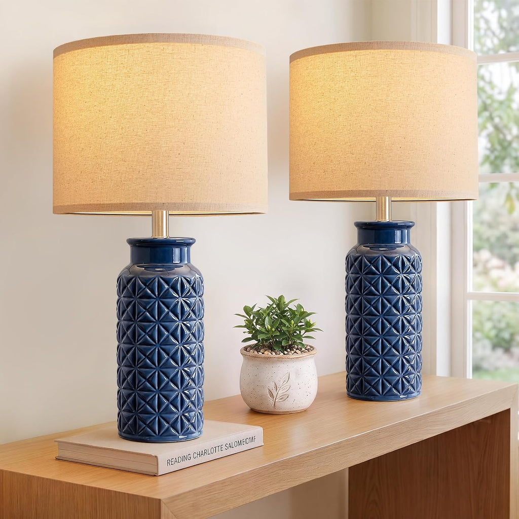 Innqoo 22.6" Modern Ceramic Bedside Lamps Set of 2, Lamps for Bedroom,Blue