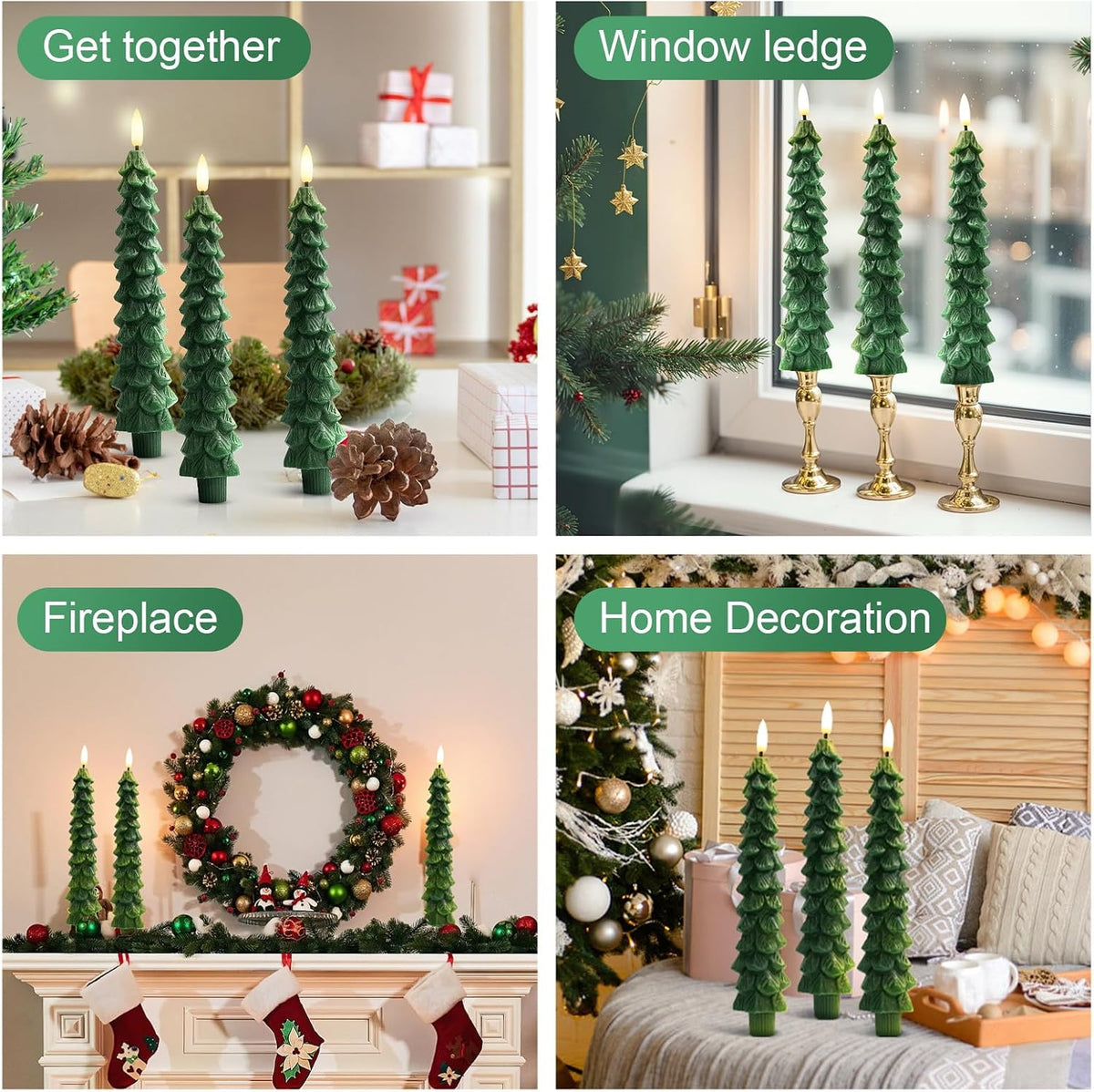 3PCS Christmas Tree Candles, 9.7 Inch Flameless Taper Candles with Remote and Timer, LED Battery Operated Taper Candlesticks with 3D Flickering for Christmas Home Decoration.