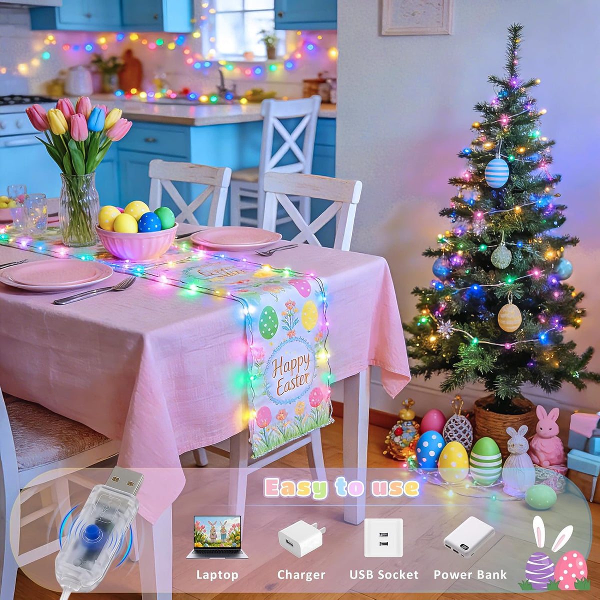 JMEXSUSS 100 LED Easter Fairy Lights Indoor Pastel Christmas Lights USB