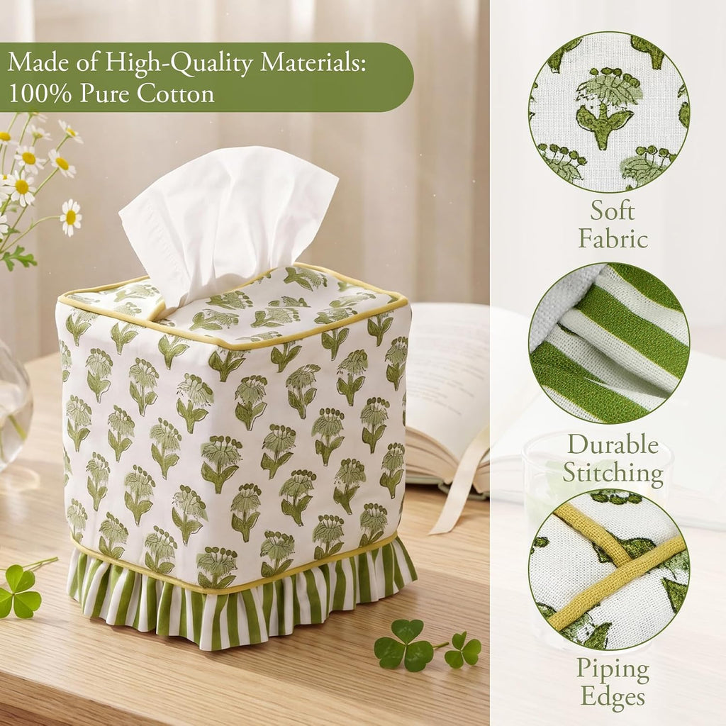 Emerald Green Floral Ruffle Tissue Box Cover Block Printed