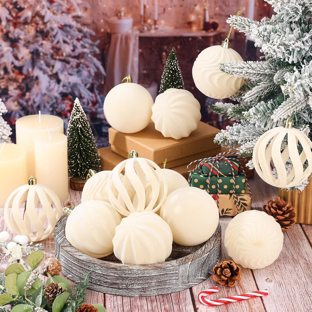 12Pcs 3.15in Velvet Cream Christmas Tree Balls Ornaments (Cream White)