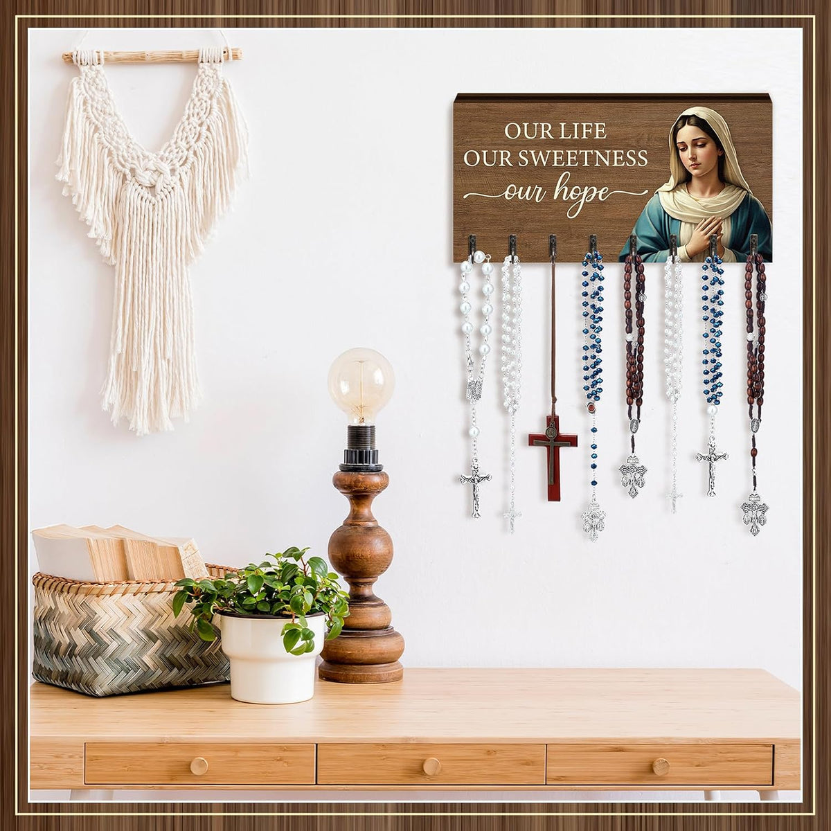 Chunful 2 Pcs Rosary Holder Wall Mounted with 16 Hooks Wooden Rosary Hanger