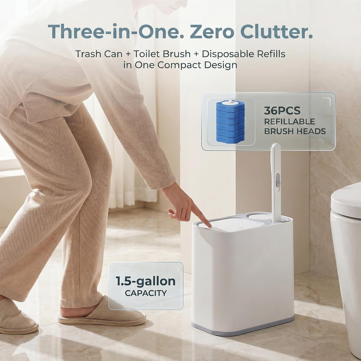 Bathroom Trash Can with Disposable Toilet Brush 36 Refills, 1.5 Gallon
