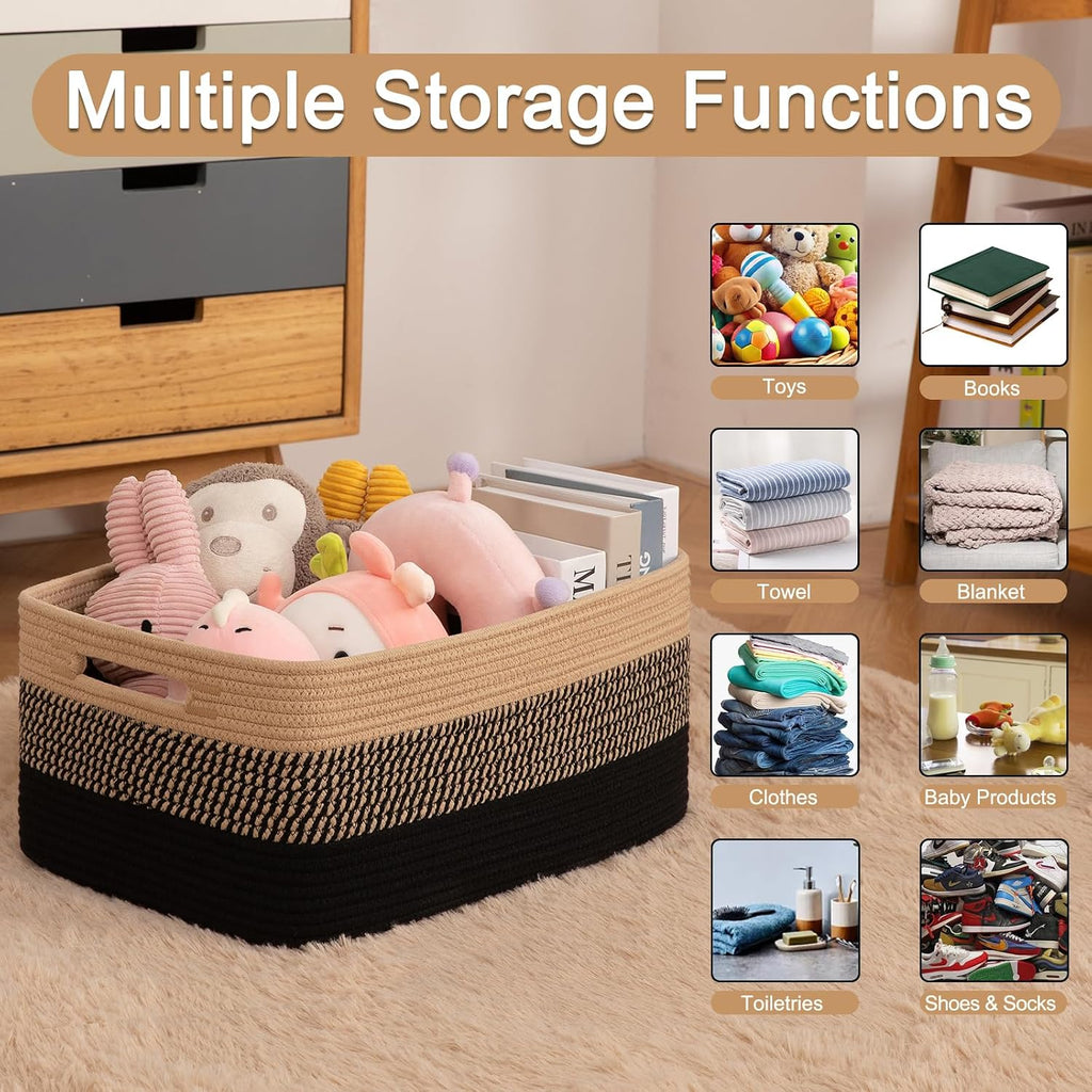 OIASKET Large Storage Basket for Organizing, Woven Rope Basket for Shelves, Closet Organizer Bins for Clothes, Blanket, Toys, Baby Nursery Storage, 17.7" x 13" x 7.87", 2 Packs Black & Brown