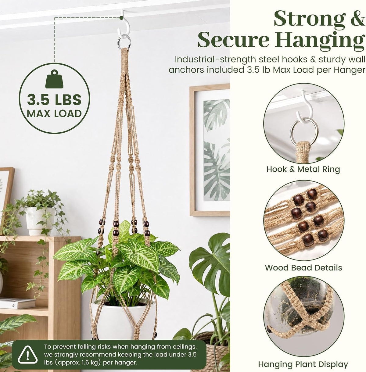 DomeStar 3 Pack Macrame Plant Hangers Indoor Wall Hanging Planters Brown