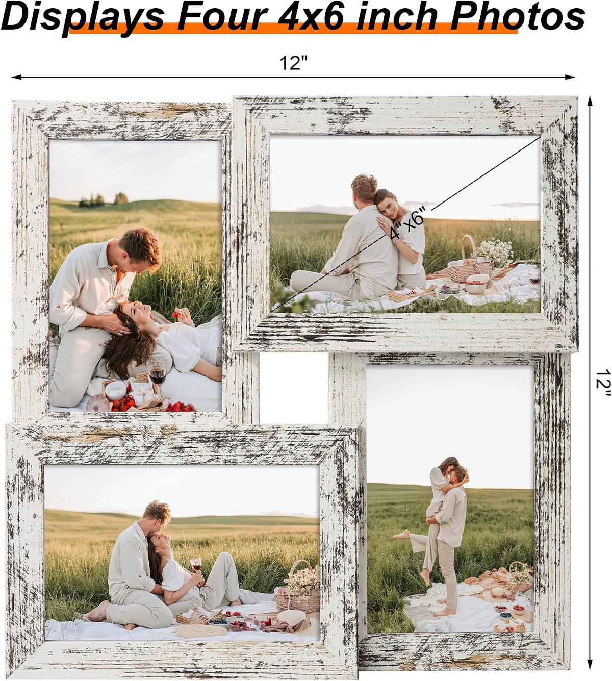 YESKAY 4x6 Collage Picture Frames Set of 1, Multi Family Photo Frame with Real Glass, Displays Four 4x6 Photo, Wall Decor Wall Hanging or Tabletop, Distressed White