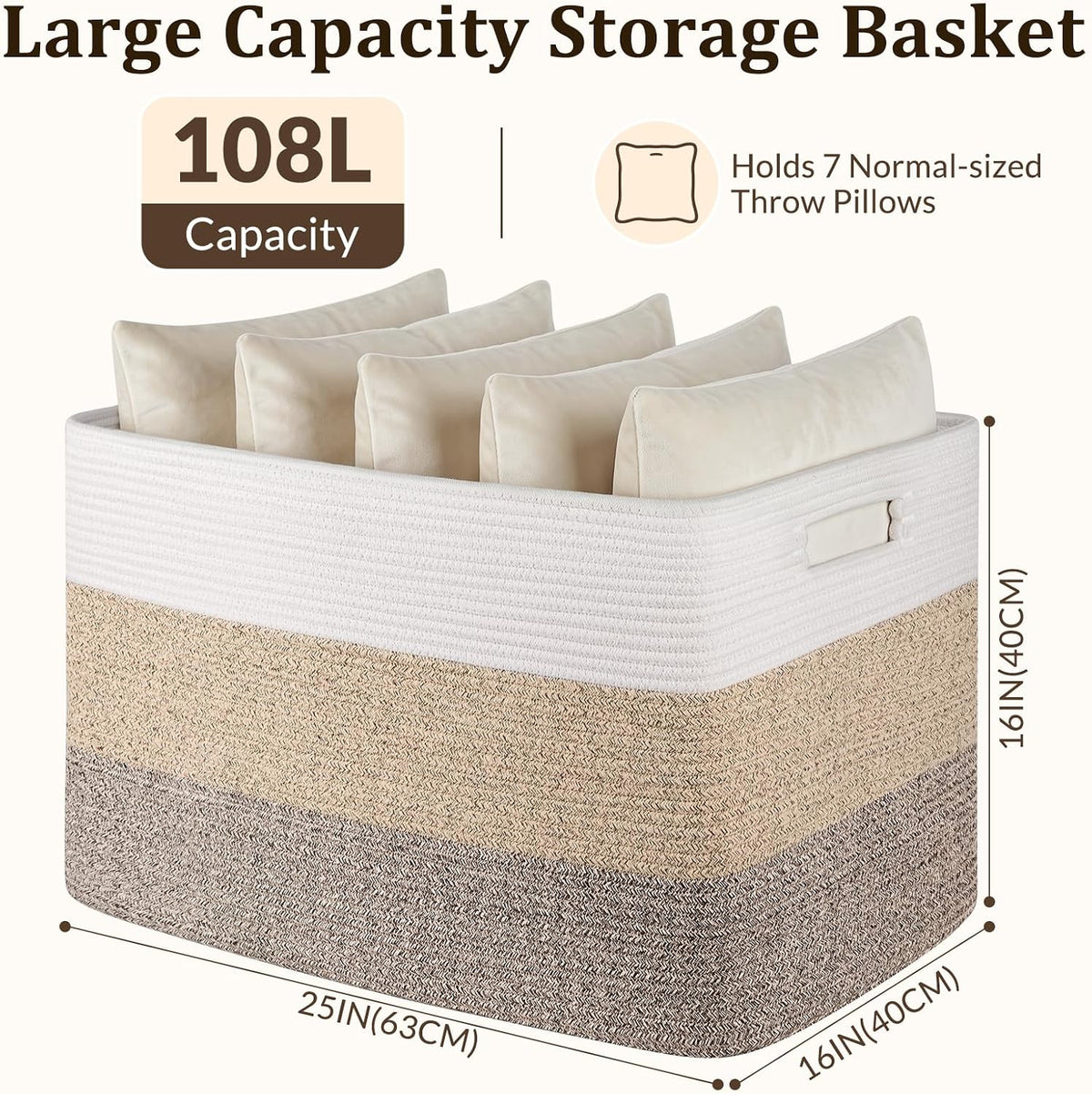 OIAHOMY 108L Super Large Blanket Basket, 25”x16”x16”(108L) Rectangle Woven Baskets for Storage, Cotton Rope Basket For Living Room, Toy Storage with Handle - Gradient Grey