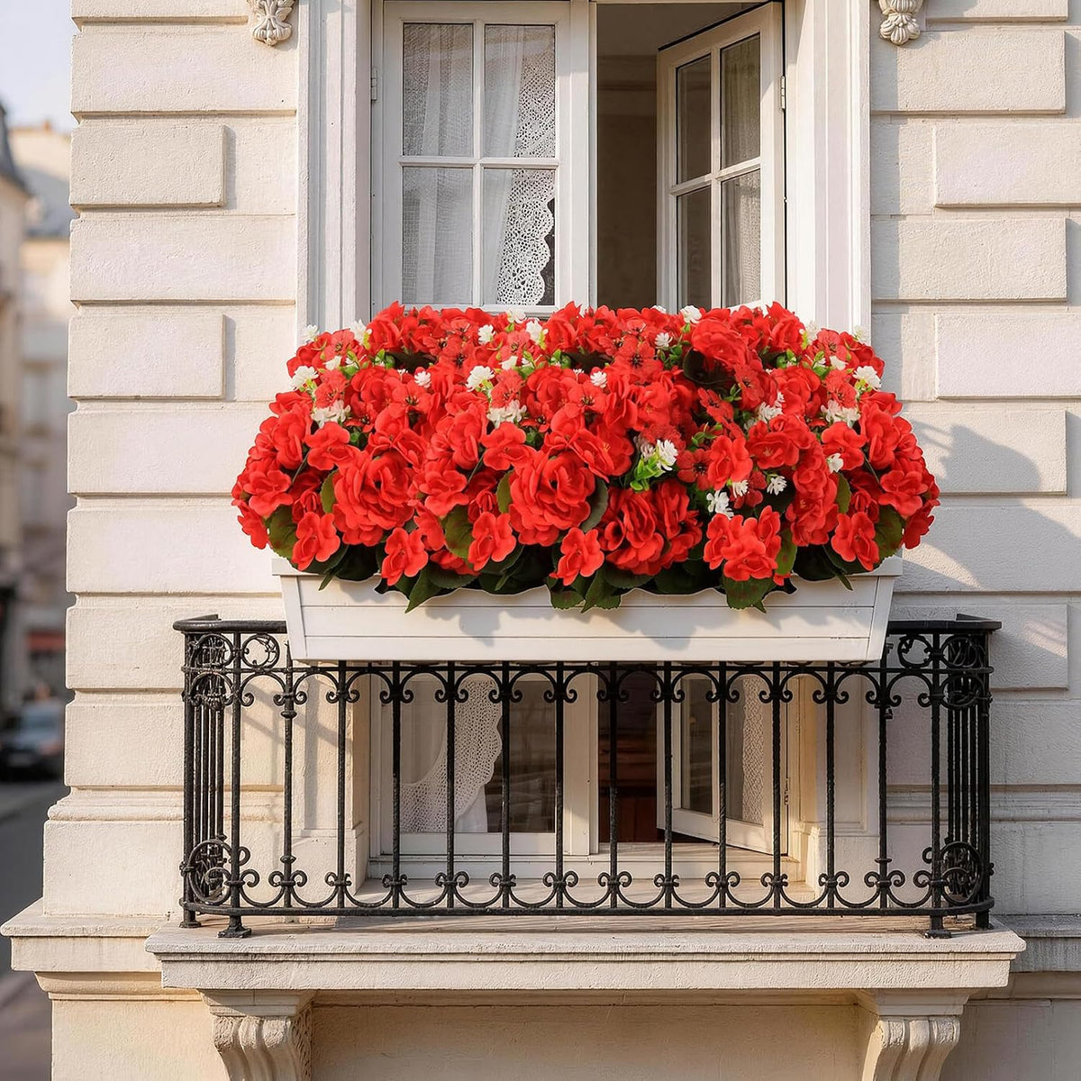 Olatay 12 Bundles Mixed Color Artificial Flowers for Outdoor, Artificial Geraniums Flowers for Outdoor, UV-Resistant Fake Geraniums for Porch, Balcony, Garden, Indoor Decoration (Red)