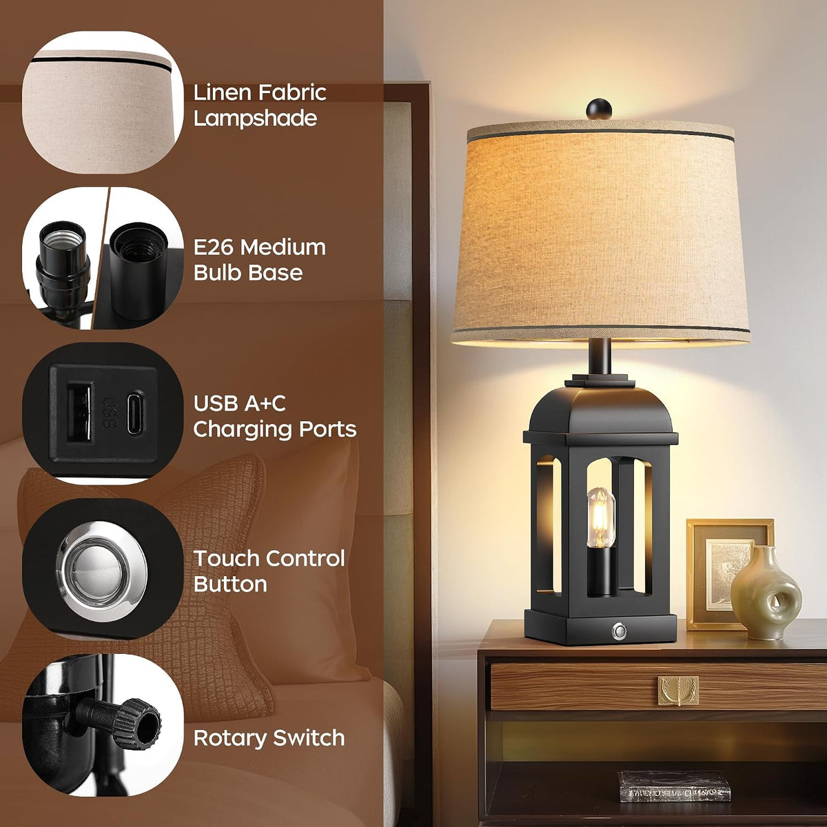 Table Lamp for Bedroom Living Room, Farmhouse Lamps with Nightlight, Black