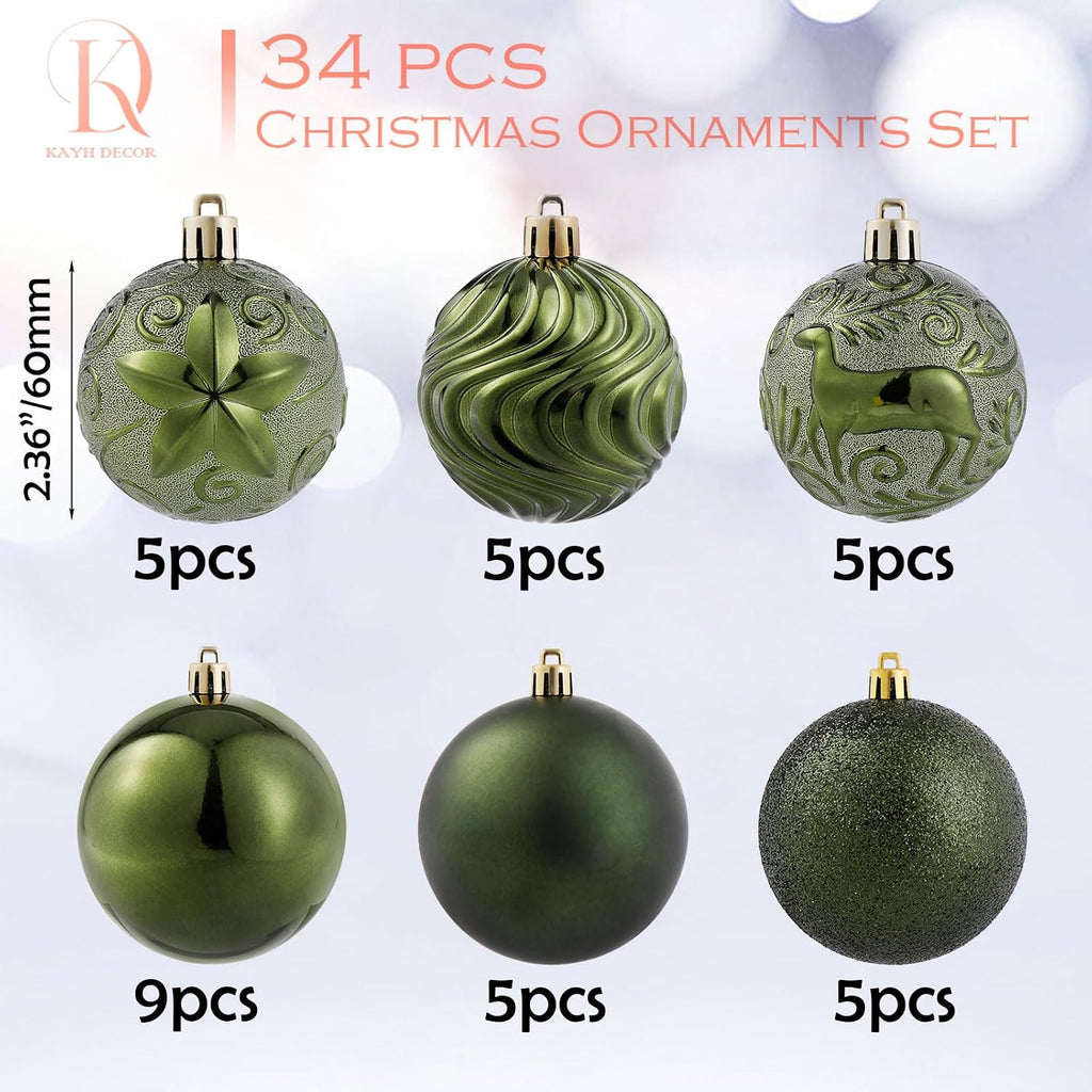 34ct Dark Green Christmas Ball Ornaments Shatterproof Plastic Christmas Tree Decorations for Xmas Party Home Office Holiday Decor -Medium Size (2.36"/ 60mm)