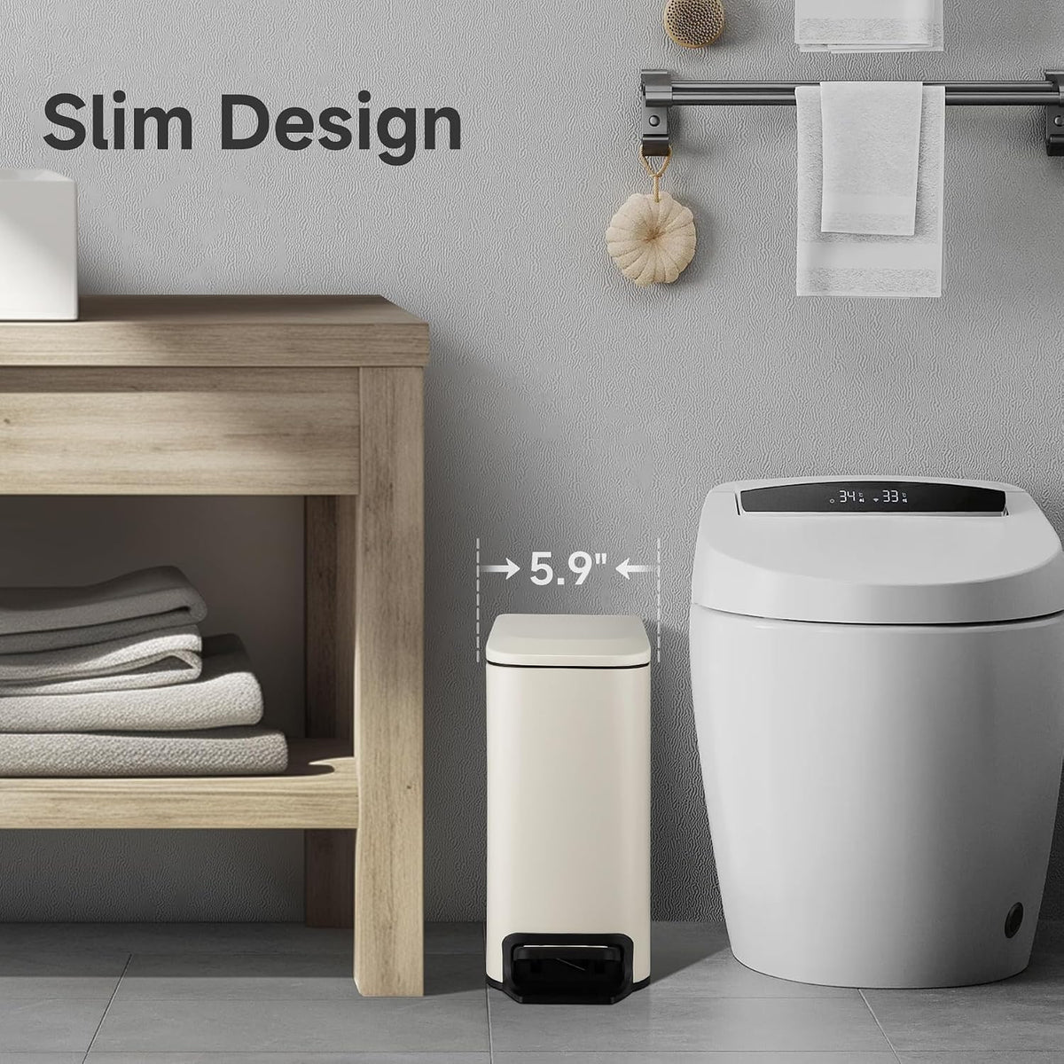 TIPGO Small Bathroom Trash Can with Lid, 1.6 Gal, Soft Close, Cream