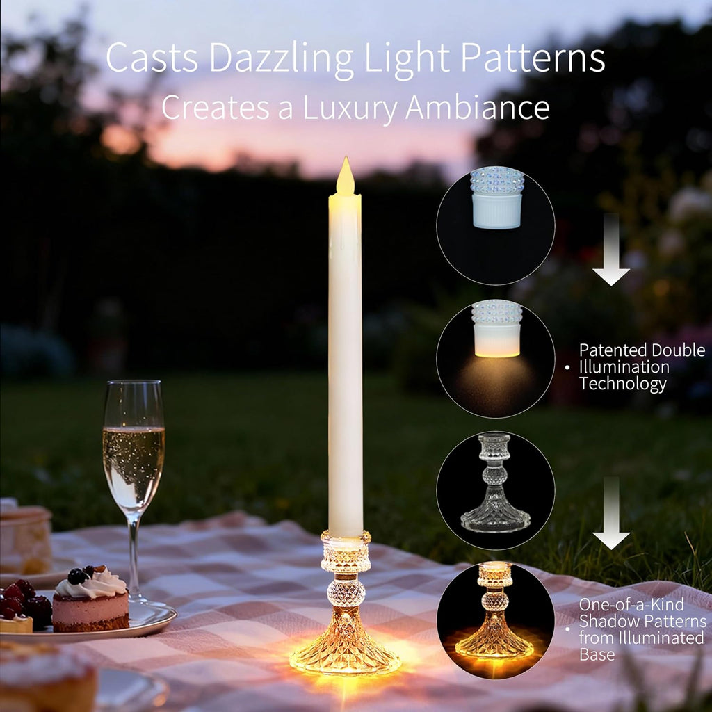 Flameless Taper Candles with Illuminated Glass Candle Holder, Remote Timer 2AA Battery Operated 500+ Hours for Thanksgiving/Xmas Decor, Wedding Centerpiece (White, 2 Pack)
