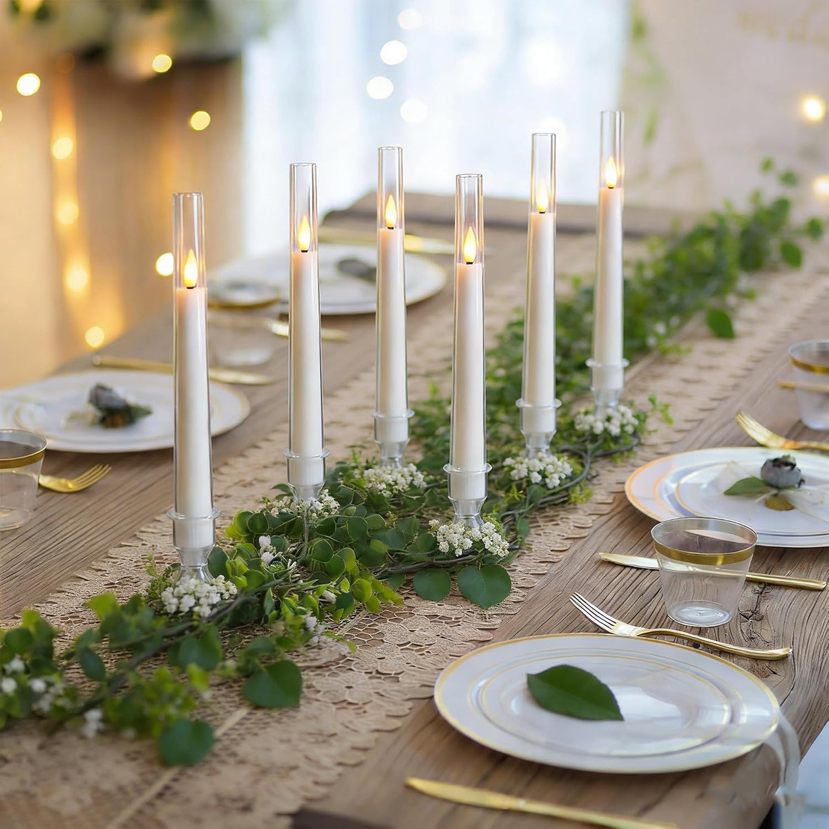 MUMCHASI White Flameless Candles, Battery Operated Taper Candles for Wedding, 6 Pcs LED Candlesticks, Acrylic Flickering Candlelights with Remote for Home Table Wedding Party Decor H9.45”