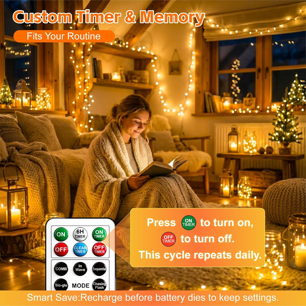6 Pack Rechargeable Fairy Lights,7ft 20LEDs, Remote & DIY Timer
