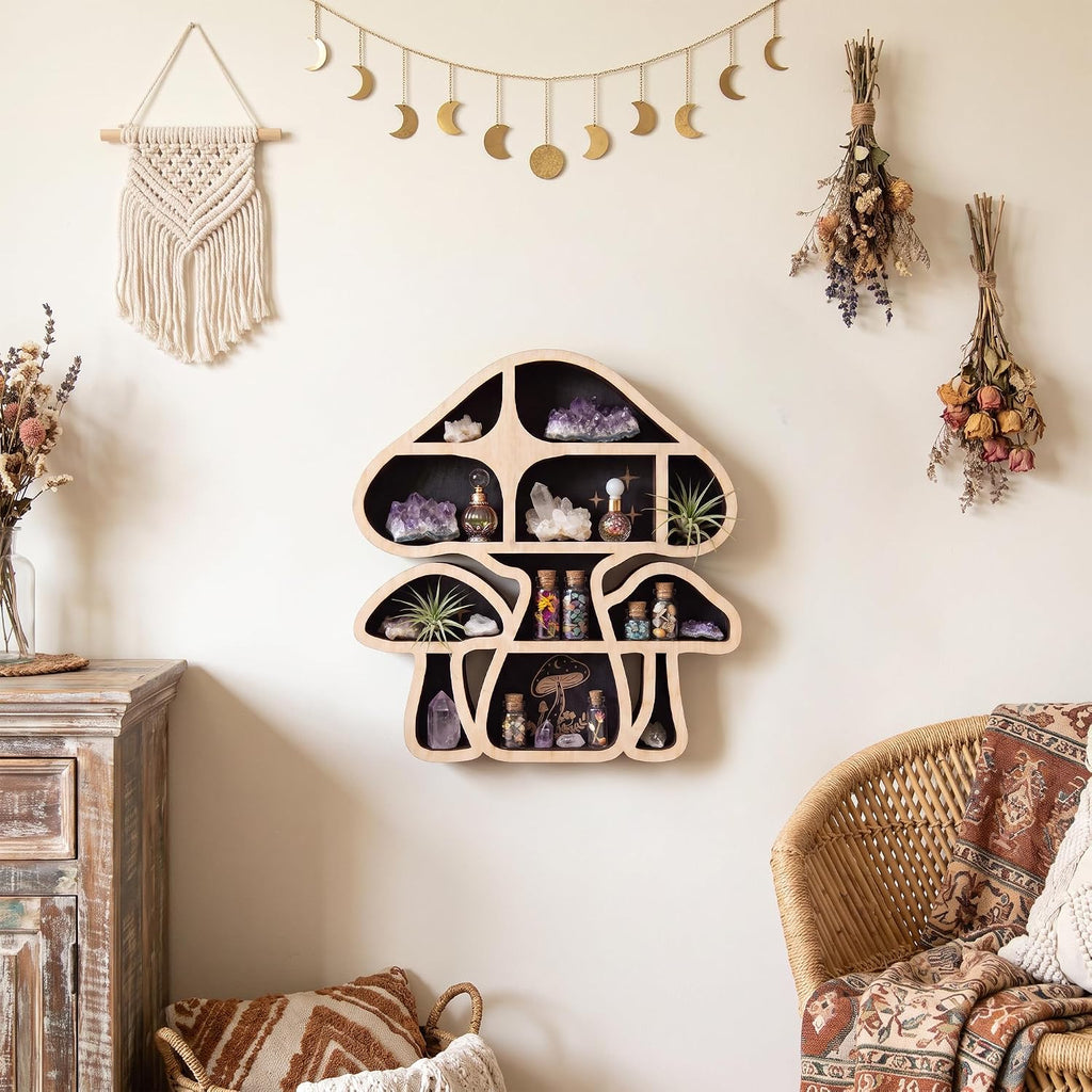 Mushroom Decor Floating Shelves, Crystal Display Shelf, Whimsy Wall Decor