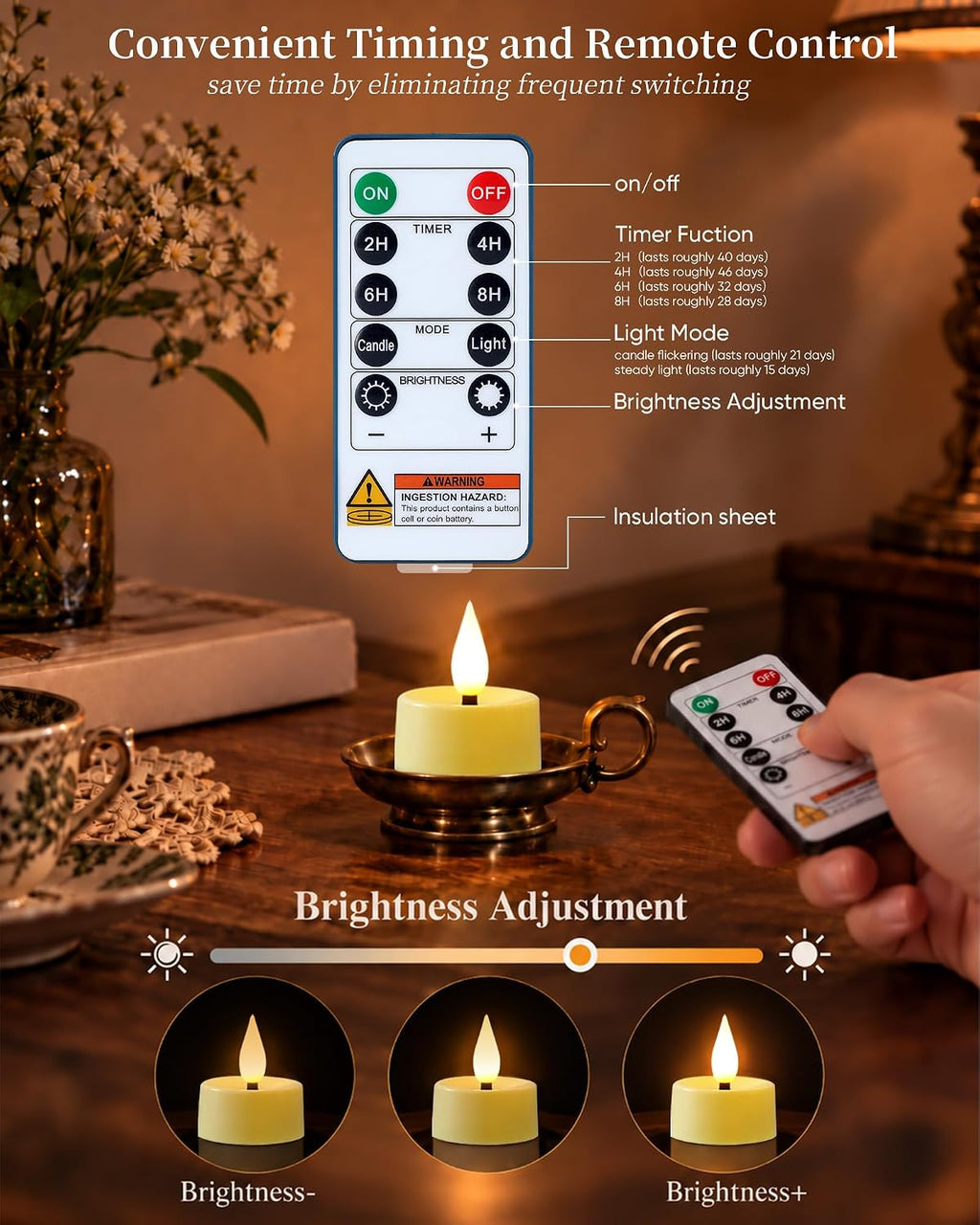 Amagic 12Pcs Flameless Timer Remote 3D Black Wick Tealights Candles, Ivory