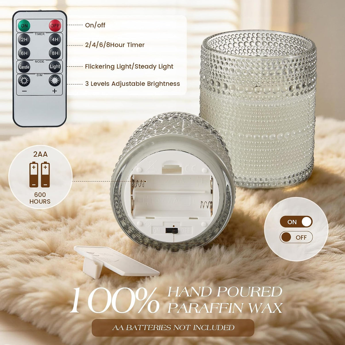 Gray Dotted Glass Real Wax Flameless Battery-Operated LED Pillar Candles