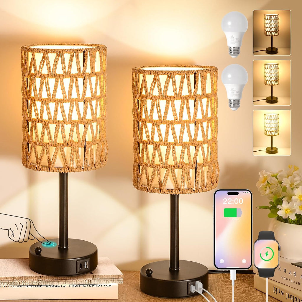 Rattan Table Lamps for Living Room, 3 Way Dimmable Touch Lamps, Small Bedside Lamps with LED Bulbs, Phone Stand, USB Ports and AC Outlet, Boho Nightstand Lamp for Kids Room, Bedroom, Office (2 Pack)