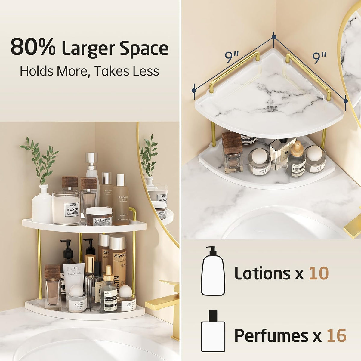 KES Marble Pattern Bathroom Corner Countertop Organizer, 2-Tier Ceramic Corner Counter Shelf, Vanity Skincare Perfume Organizer and Makeup Storage Tray Shelf, Polished Gold, BSC901B-PG