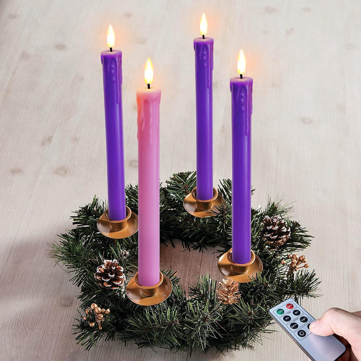 Set of 4 LED Christmas Candle Lights, Battery Operated Taper Candles for Advent Wreath, 3 Purple 1 Rose Flickering Wax Flameless Candles for Holiday School Church Celebration