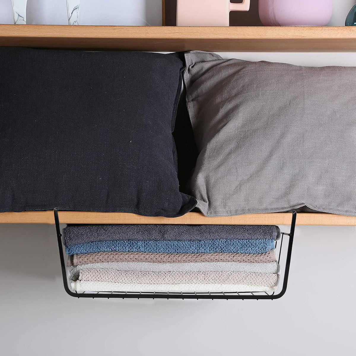Under Shelf Baskets for Storage, Under Shelf Wire Basket Carbon Steel Basket Under Cabinet Shelf, Welding Joints, Baking Finish, Easy to Install without Holes, 6 PCS, Black