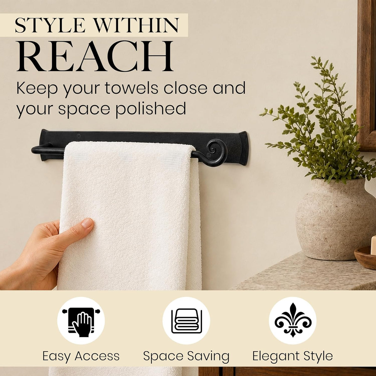 RTZEN Matte Black Hand Towel Holder for Your Bathroom, Fits 10" Towels