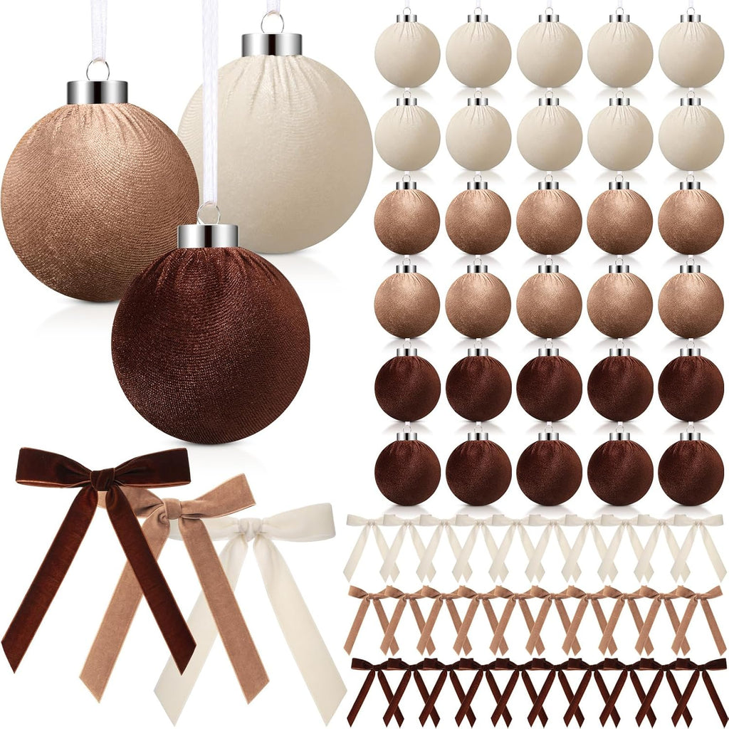Wettarn 30 Sets Velvet Christmas Ornaments Balls & Bows, Classic Neutrals