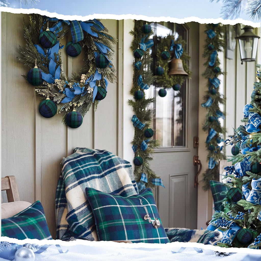 Syhood 24 Pcs Christmas Ball Ornaments 2.4 Inch, Blue Green Tartan Plaid