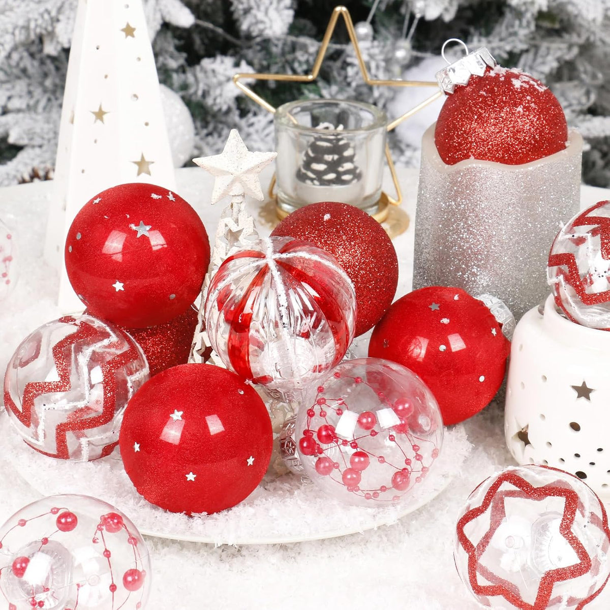 30PCS Red Clear Christmas Ball Ornaments Set for Xmas Tree Decorations