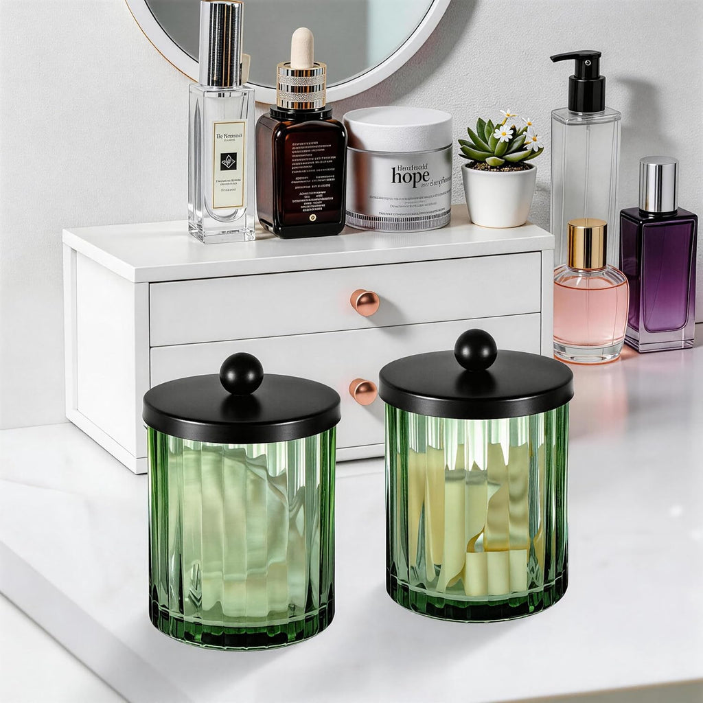 Amolliar Green Glass Apothecary Jar, Qtip Holder for Bathroom(Black 2 Pack)