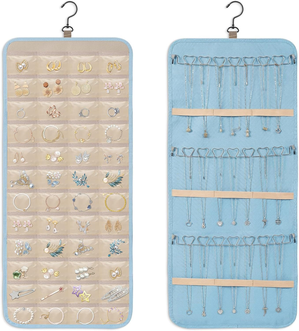Dynoro Double-Sided Hanging Jewelry Organizer, Large Teal Storage Roll for Earrings, Necklaces, Rings, 48 Pockets 21 Hooks, Durable Oxford Fabric for Closet, Wall, Door, 1 piece, Jewelry Not Included