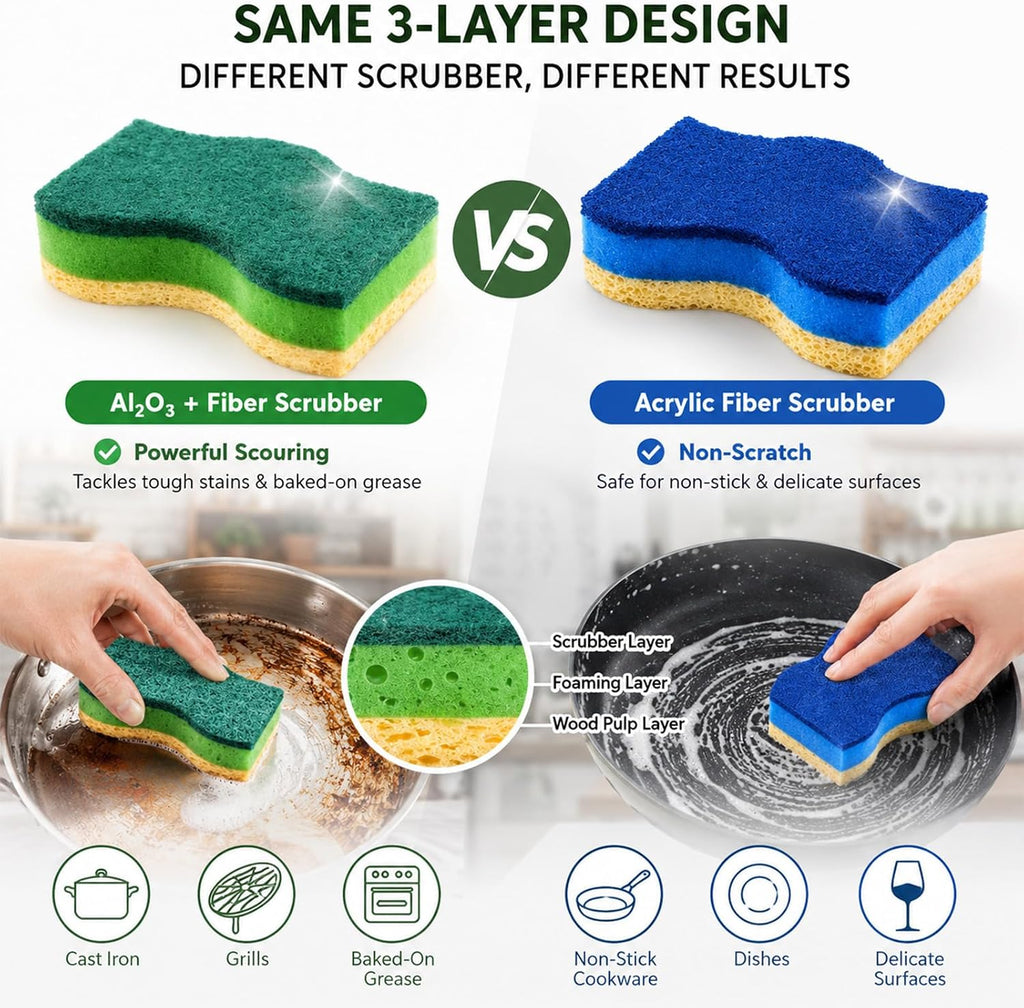 Kitchen Sponges, 20 Count, Plant-Based Cellulose + PET Scrub Sponge Set, Scratch & Non- Scratch Dish Sponges, Assorted Cleaning Sponges