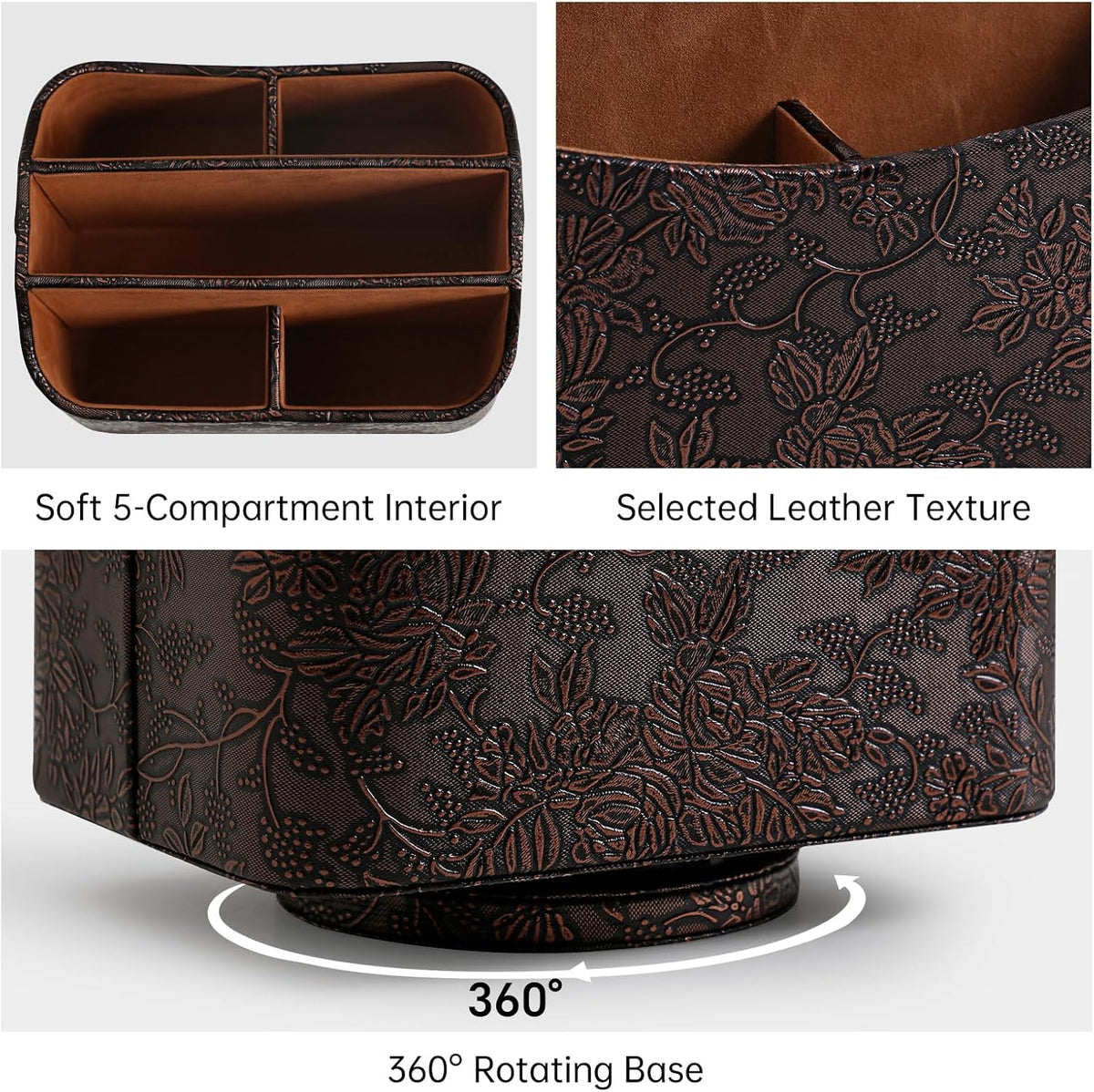 PU Leather Remote Control Holder, 360 Degree Rotating Desk Organizer Luxury Desktop Storage Rack, Rotating Bedside Storage Box for Desktop Office Living Room Bedroom (Brown Grape Pattern)