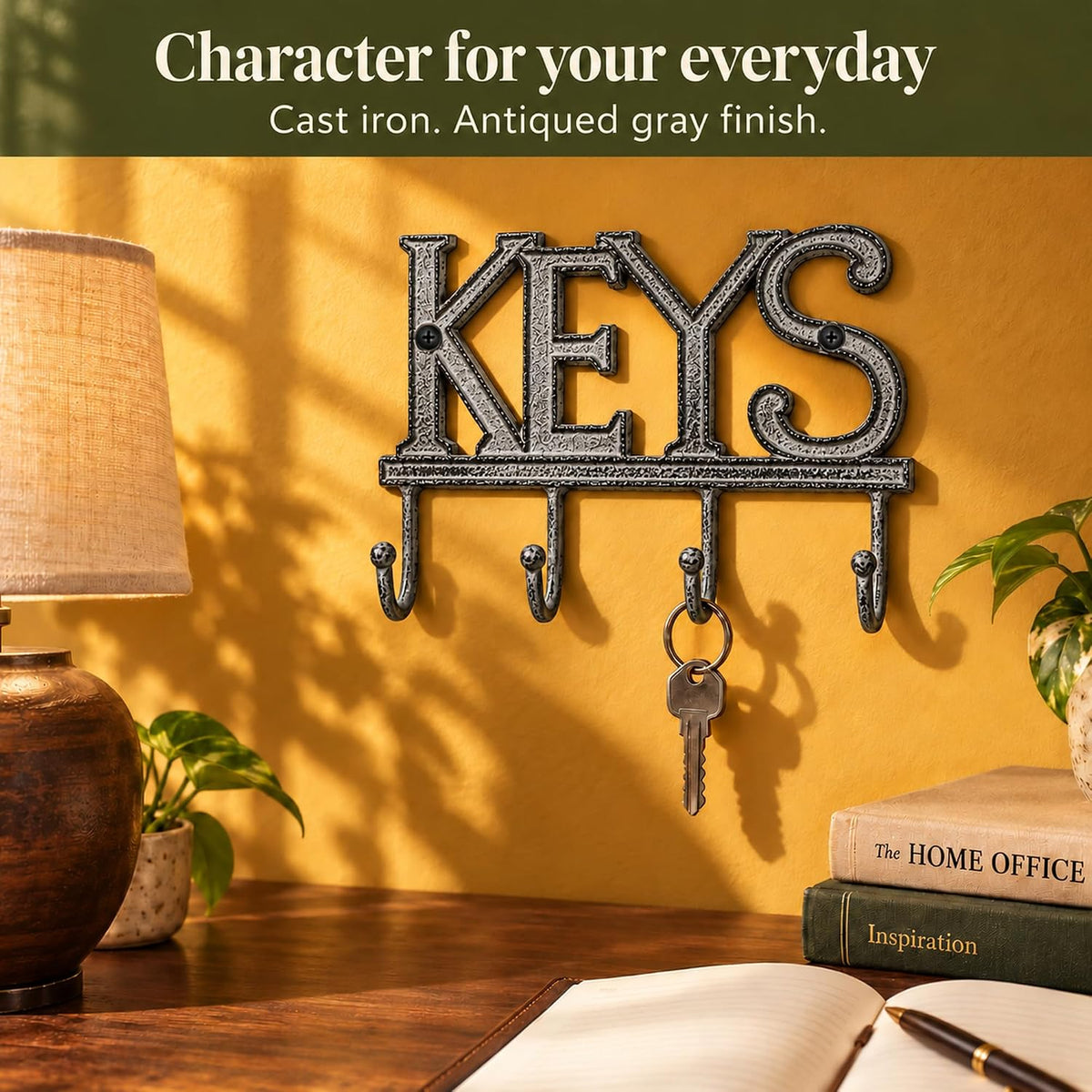 Comfify Gray Cast Iron Key Holder for Wall – Keys Sign with 4 Hooks