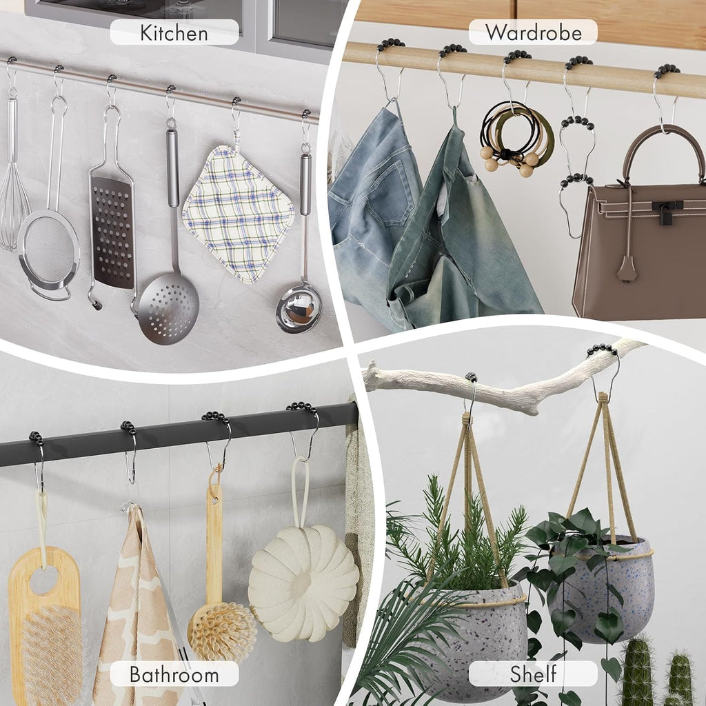 Amazer Black Shower Curtain Hooks, Decorative Rust Proof Acrylic Balls Shower Curtain Hooks, Stainless Steel Shower Hooks for Shower Curtain Bathroom Shower Hooks-Set of 12