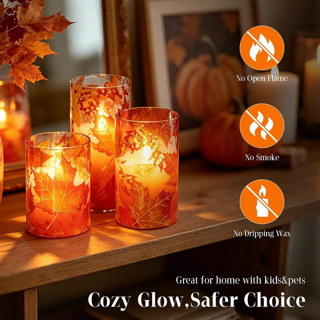 Fall Flameless Candles, 3 Pack Glass Pillar Candles, Maple Leaf