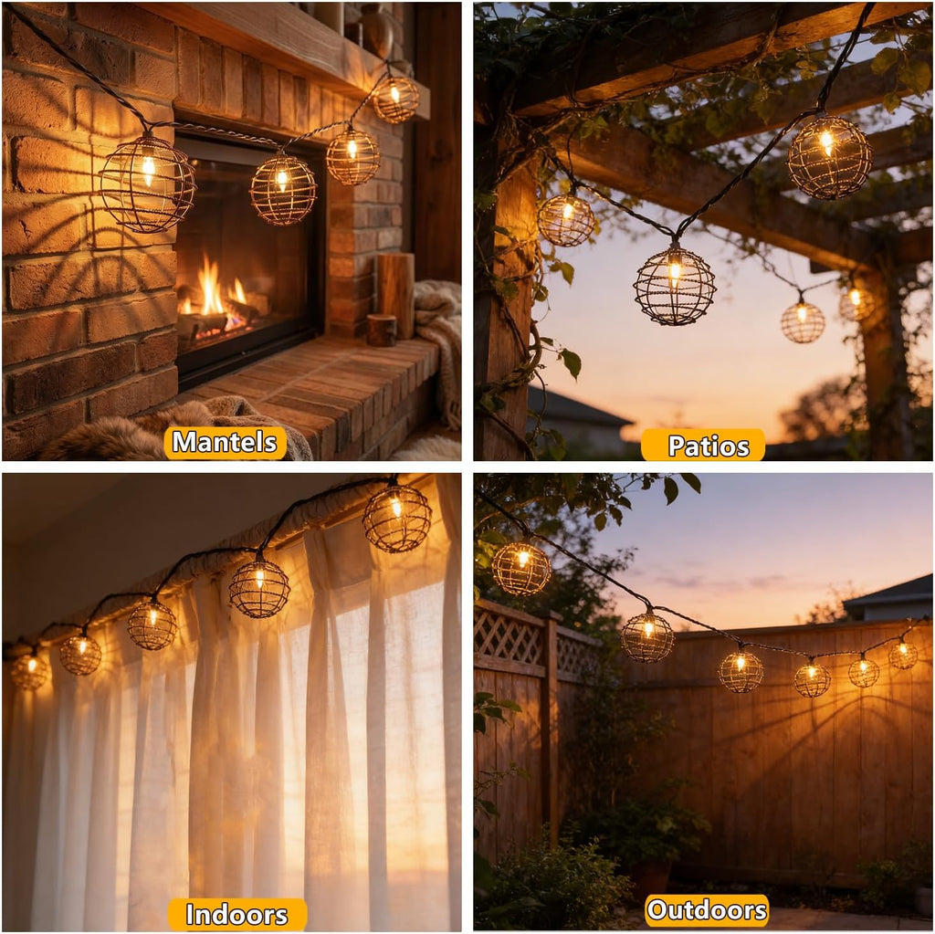 Decorative String Lights Indoor Outdoor, Patio Lantern Style String Lights with 10 Warm White Mini Bulbs, UL Listed Connectable Weatherproof Plug In Lights for Home Decoration(Iron Wire Twist Ball)